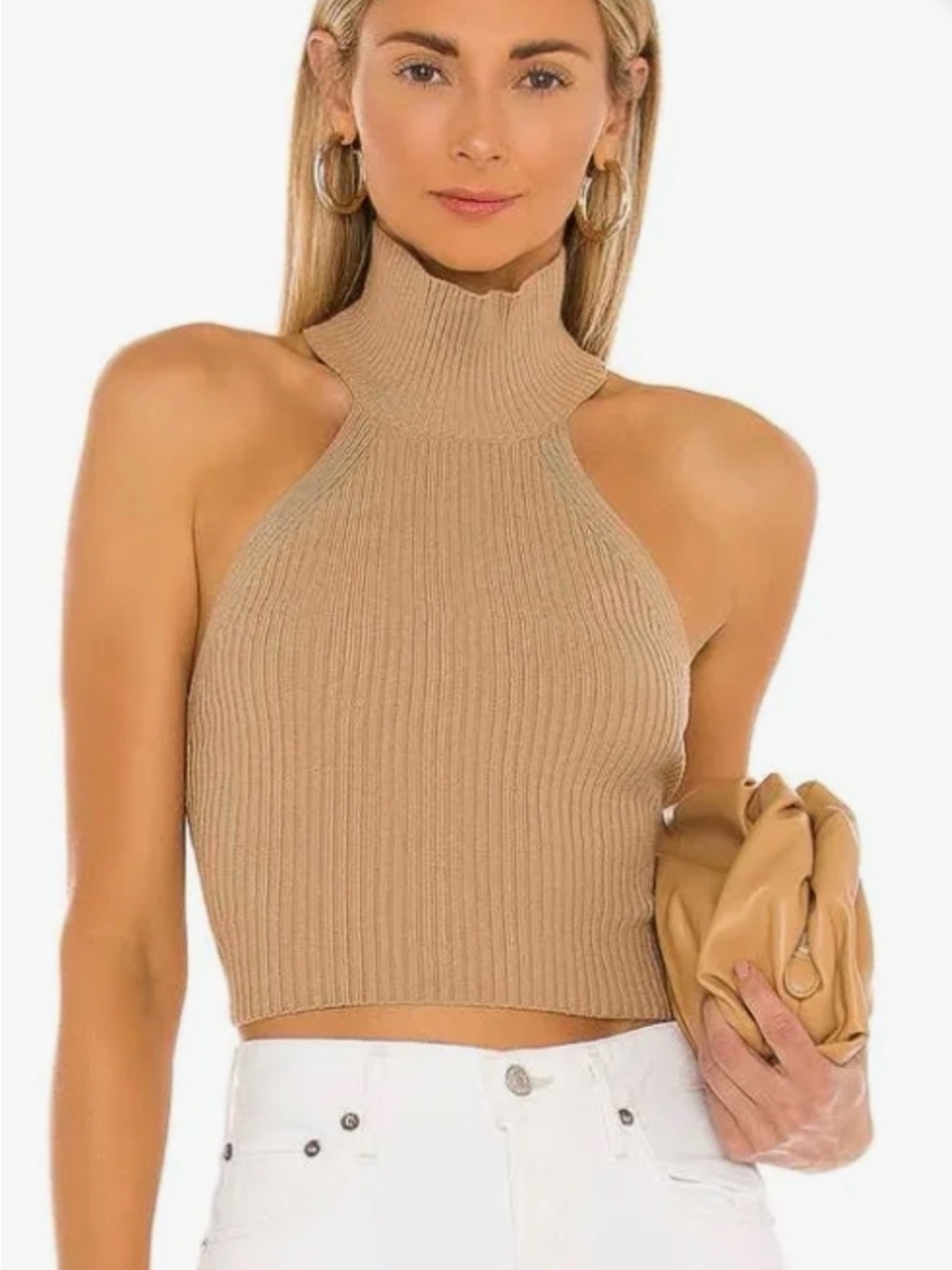 Revolve House of Harlow 1960 Ribbed Halter Mock-Neck Crop Top in Tan